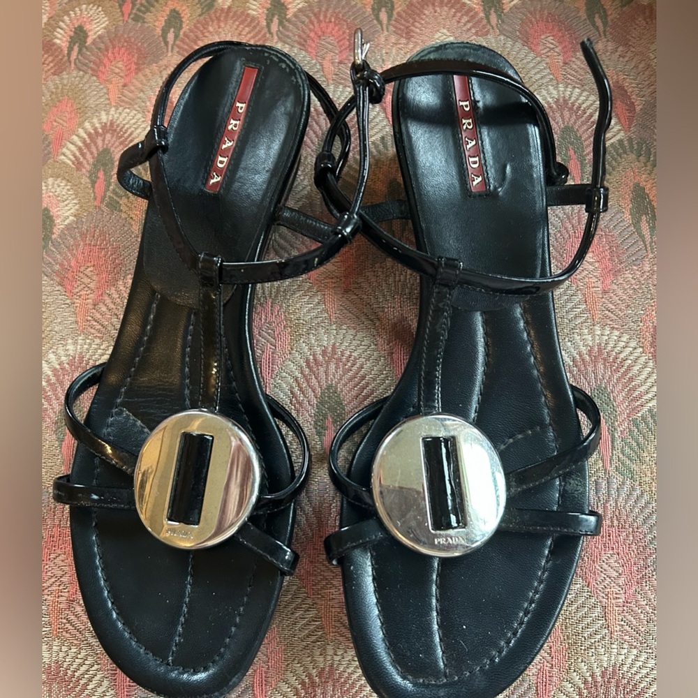 Prada Black Leather Strappy Sandals with Silver Disc Detail